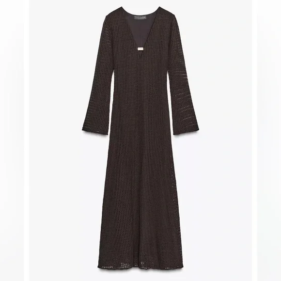 Zara NWT black open weave V-neck midi dress long sleeve gold accents size XS - Picture 12 of 15